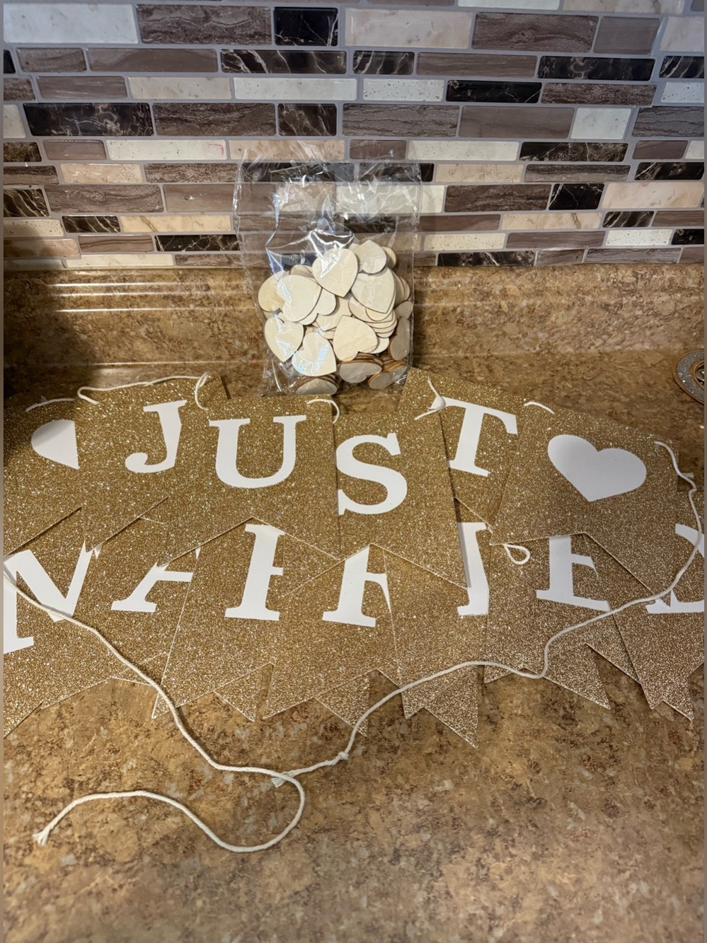 Gold Glitter "Just Married" Party Banner with White Hearts - Home Party Supplies